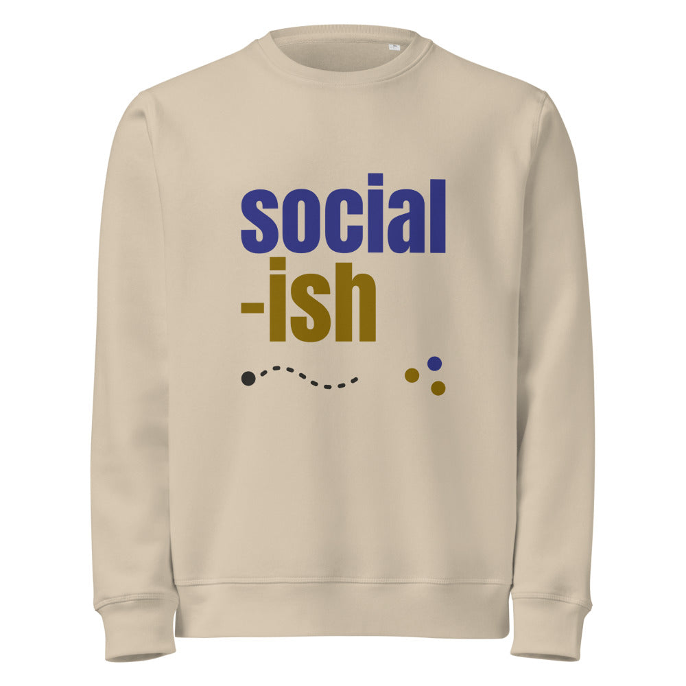 Social-ish organic sweatshirt in Desert Dust, front, indigo and mustard print