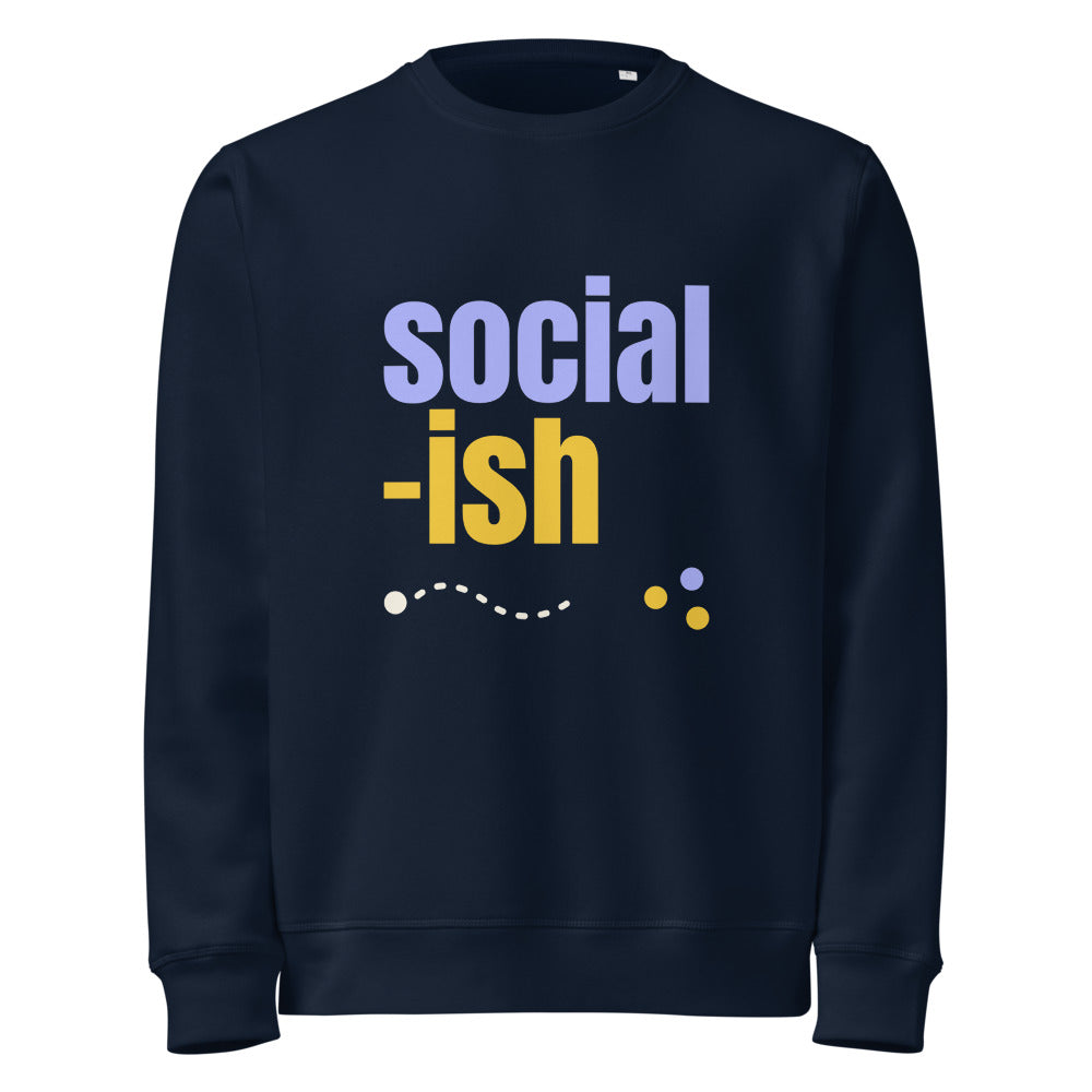 Social-ish organic sweatshirt in French Navy, front, indigo and yellow print