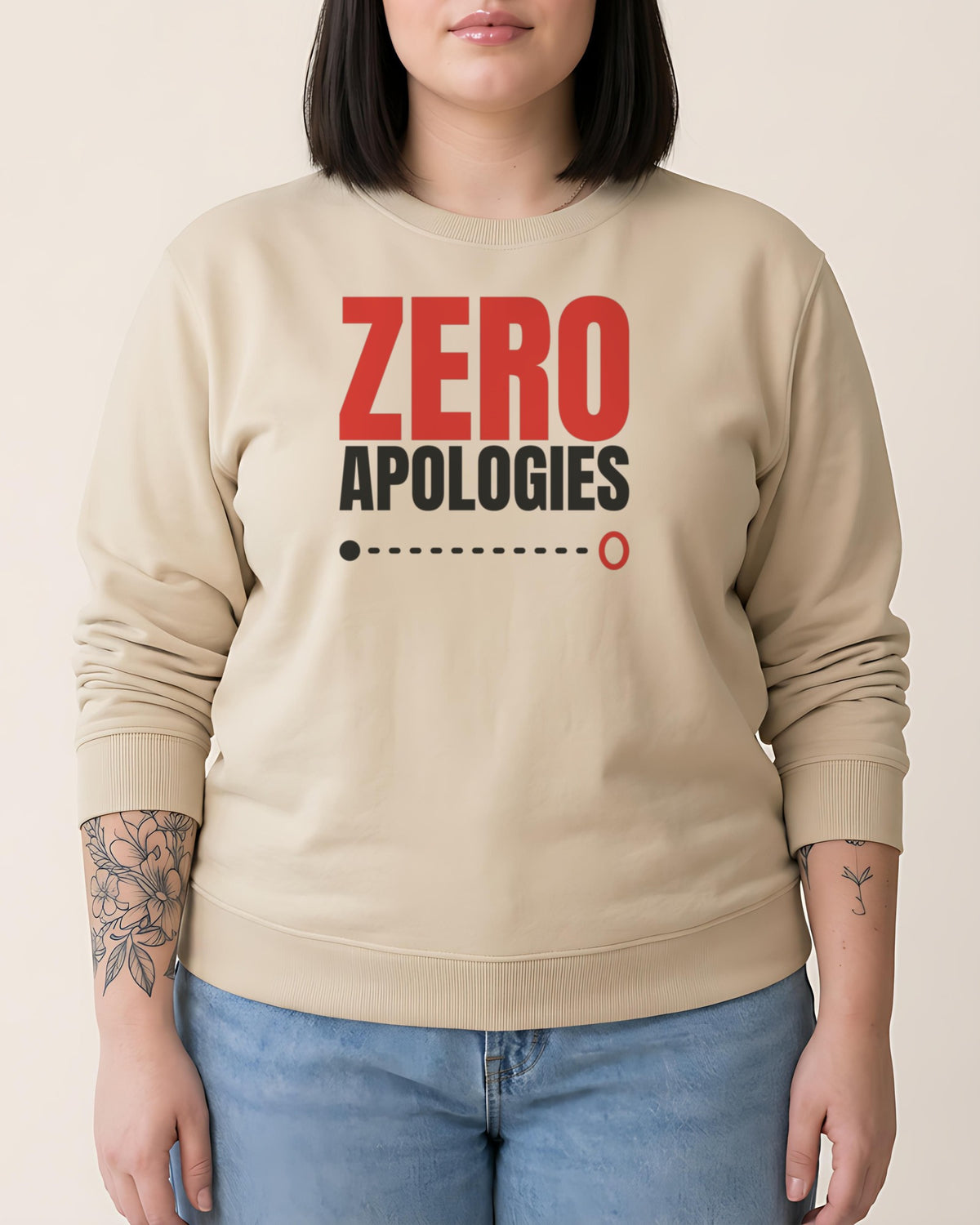 Zero Apologies organic sweatshirt in Desert Dust, worn, front view